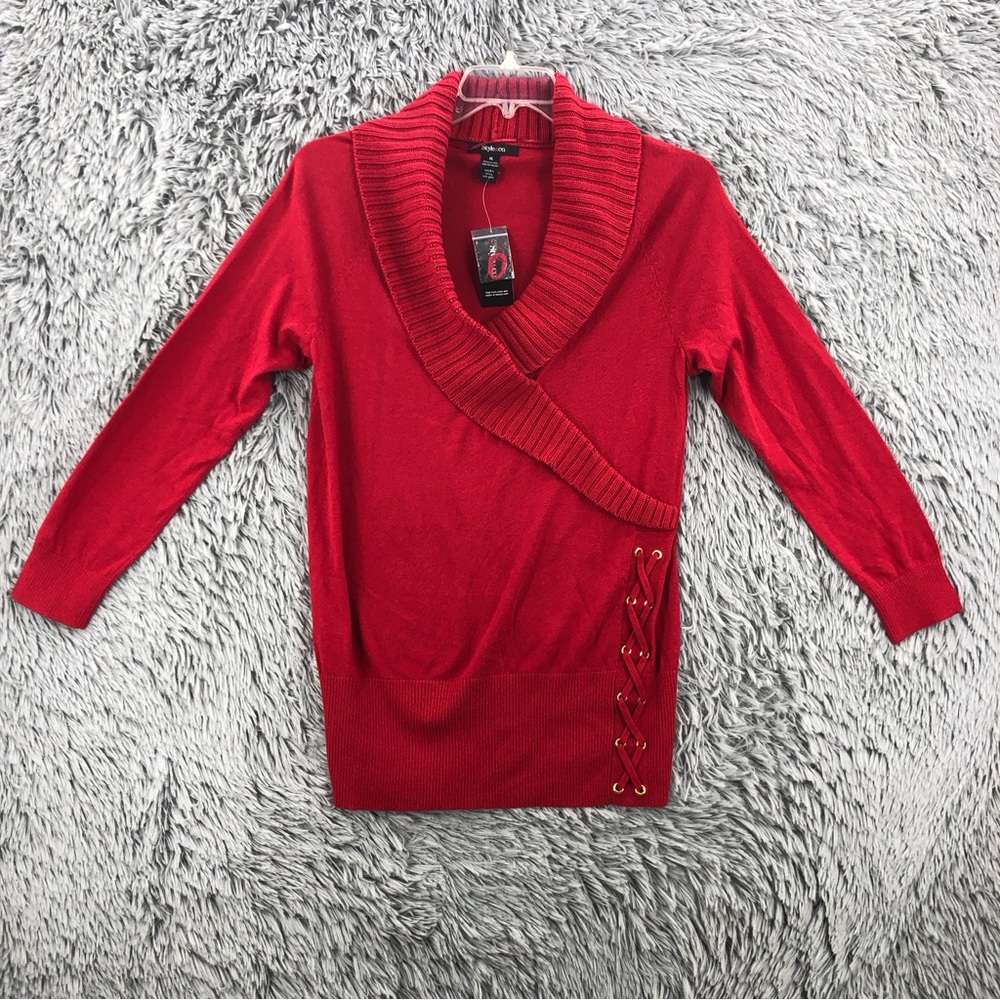 Style & Co Sweater Womens XL NWT Red Shoe String Accent Long Sleeve Soft